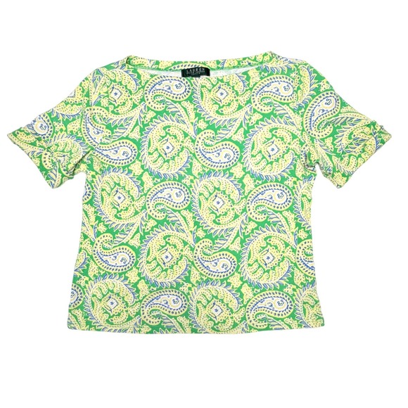Lauren Ralph Lauren Tops - Lauren Ralph Lauren Green Paisley Boat Neck Cotton Petite Large Top Y2K Coastal
